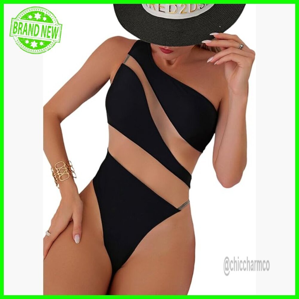 One Shoulder Monokini with Mesh Panel Slim Fit Tummy Control Swimsuit